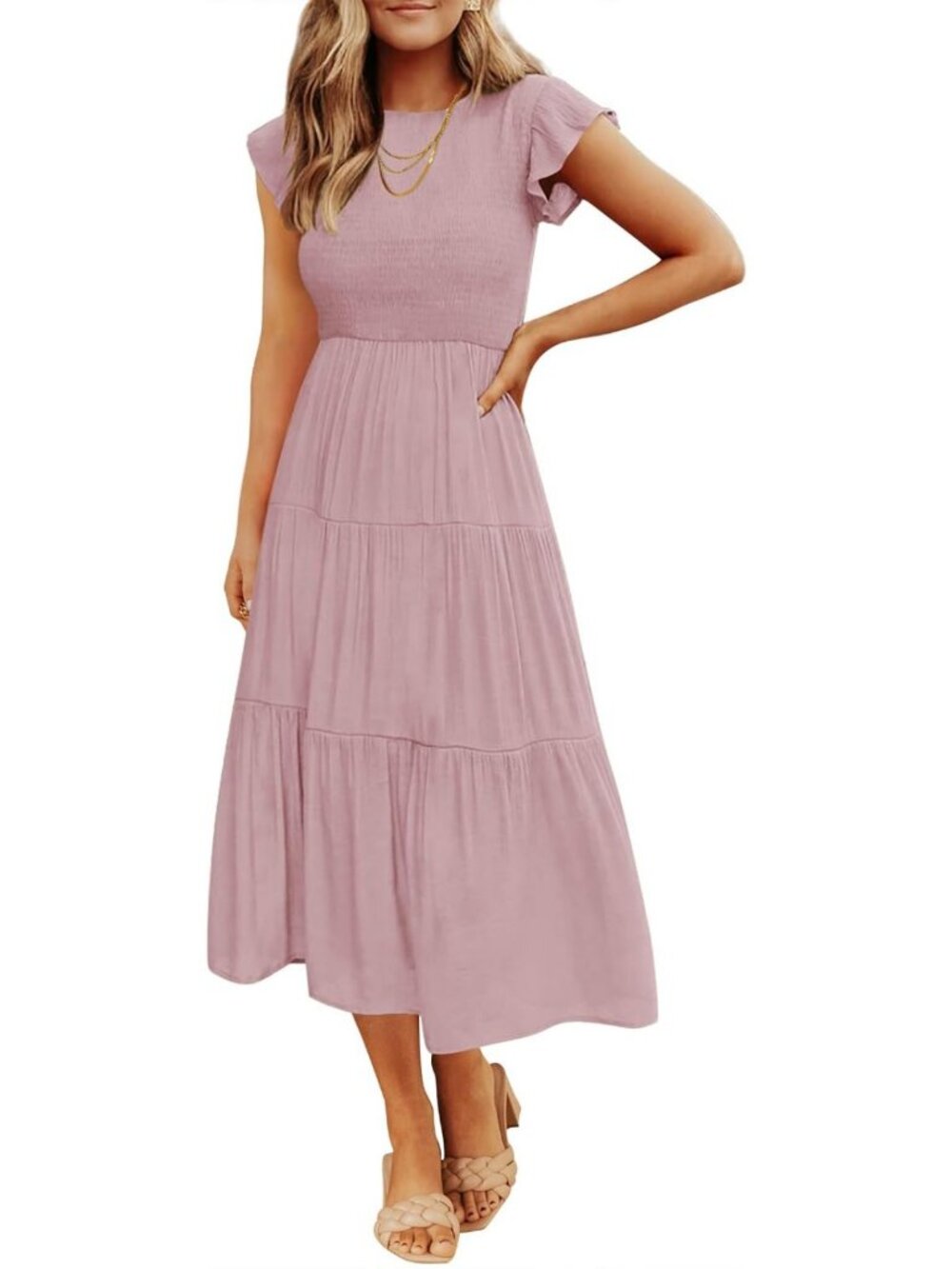 Summer Casual Flutter Sleeve Smocked Midi Dress - Perfect for Beach & Parties
